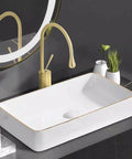 USZWBY Vessel Sinks Phnom Penh Small Size Above Counter Basin Round Square ceramic bathroom bowl sink with gold trim.
