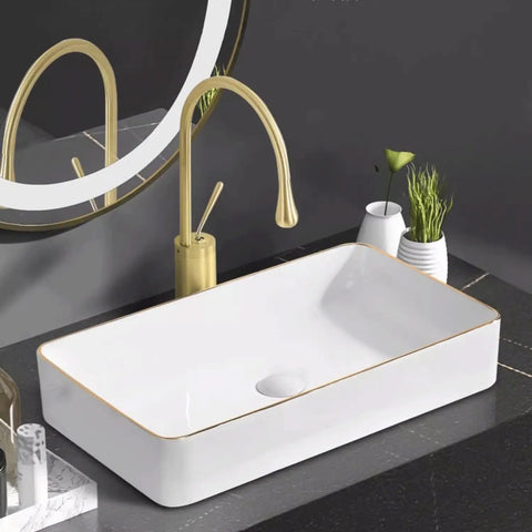 USZWBY Vessel Sinks Phnom Penh Small Size Above Counter Basin Round Square ceramic bathroom bowl sink with gold trim.