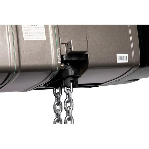 Built Tough 2 Ton Electric Hoist With 20 Foot Lift And Real 3 Phase 460V Power showing chain and motor connection detail.