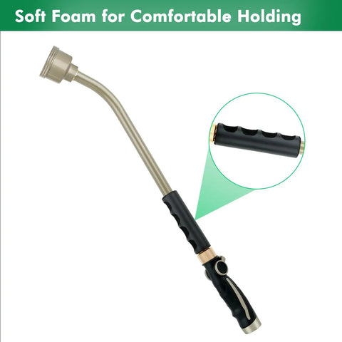 Your Go To 24 Inch Watering Wand With Gentle Rain Shower Sprayer And Thumb Flow Control Heavy Duty Metal Hose Wand, soft foam grip.
