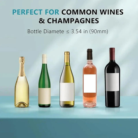 Five wine bottles displayed, perfect for common wines & champagnes, compatible with Electric Wine Bottle Chiller.