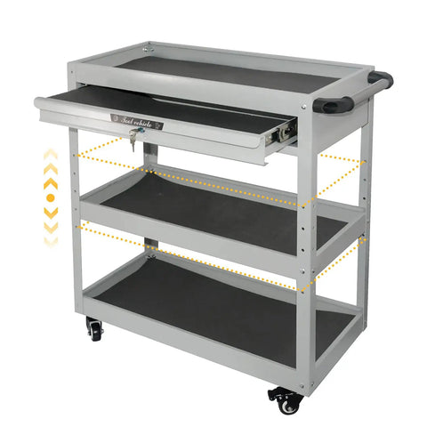 Heavy Duty Rolling Tool Cart With Drawer And Lockable Wheels, 3 Tier Mobile Garage Organizer, open drawer, height adjustable shelves