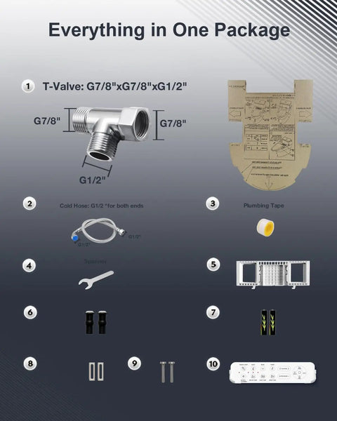 Everything in one package for Electric Heated Bidet Toilet Seat with Smart Remote includes T-valve, cold hose, and more.