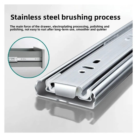 Close-up of stainless steel drawer slides with soft close and full extension 10 to 22 inch track rails for cabinets and furniture