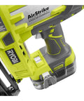 Close-up of cordless 16 gauge finish nailer, green body with grip handle, AirStrike technology, tool-only, 18V lithium powered