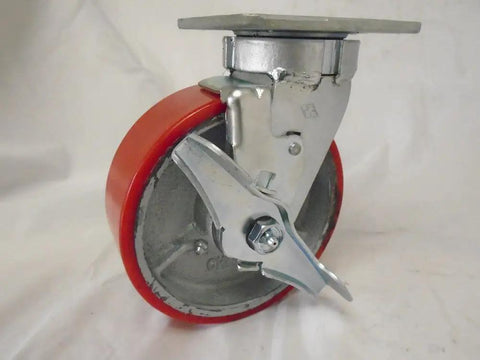 Rock Solid Smooth Riding 6 Inch Polyurethane Swivel Casters With Top Lock Brakes And Steel Cores 1200 Pounds Capacity each swivel caster with red wheel and locking mechanism