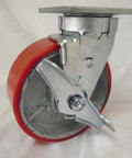 Rolls Like A Dream Six Inch Swivel Caster With Secure Locking Brake Kingpinless Design. Smooth red polyurethane tire on steel core.