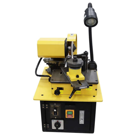 Knockout Full Auto Saw Blade Sharpener And Grinder For Carbide Tipped And Hss Circular Blades, yellow machine with LED light.