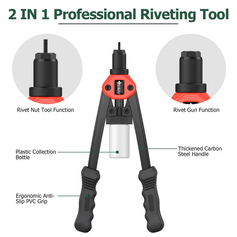 2 In 1 Rivet Nut Tool Kit Pro Hand Riveter With Dual Function Rivet Nut Gun, features handles and nozzle.