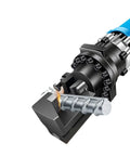 AOXHUGB Electric Rebar Bender And Shears Cordless Hydraulic Cutter cutting a steel rebar with a sturdy blade in action.