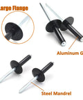 Close-up of Large Flange Aluminum Blind Rivets Black Three Sixteenth Inch by Three Quarter Inch Grip Length, showing aluminum grip and steel mandrel.