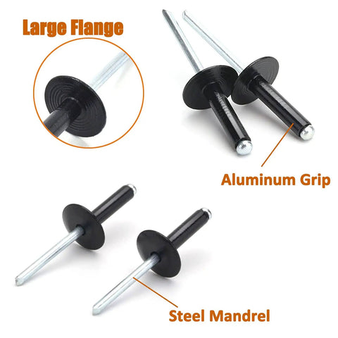 Close-up of Large Flange Aluminum Blind Rivets Black Three Sixteenth Inch by Three Quarter Inch Grip Length, showing aluminum grip and steel mandrel.