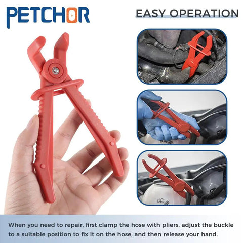 Close-up of a 6 Piece Hose Clamp Pliers Set With Flexible Pinch Off Pliers Straight Jaw And 90 Degree Angled Pliers for flexible hoses.
