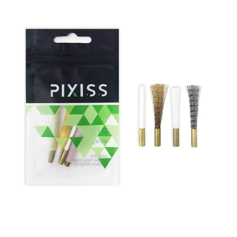 Pack showing tips from Scratch Brush Pen Set With Replacement Tips For Rust Corrosion Jewelry Circuit Boards And Auto Body Work All In One Go To 8 Piece Kit Featuring Brass Steel Nylon And Fiberglass Bristles And Flexible Length End Cap.