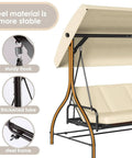 Three Seat Outdoor Patio Swing With Adjustable Canopy And Backrest Convertible Glider Bed On Stand Removable Cushions 45 Degree Tilt For Backyard Poolside Or Balcony 750 Lbs Weight Capacity close-up of steel frame and canopy
