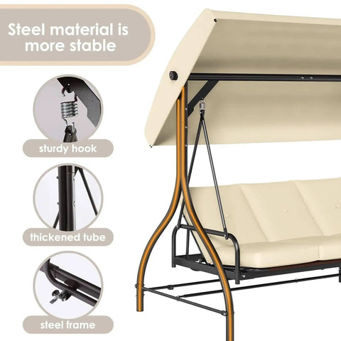 Three Seat Outdoor Patio Swing With Adjustable Canopy And Backrest Convertible Glider Bed On Stand Removable Cushions 45 Degree Tilt For Backyard Poolside Or Balcony 750 Lbs Weight Capacity close-up of steel frame and canopy