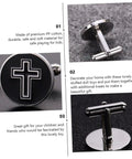 Black Titanium Steel Cross Pattern Cufflinks For Men, Dress Shirt Fasteners For Weddings And Business Formal Events, Durable Polished Cufflinks, Modern Fashion Accessory For Gents depicting close-up view with black cross design.
