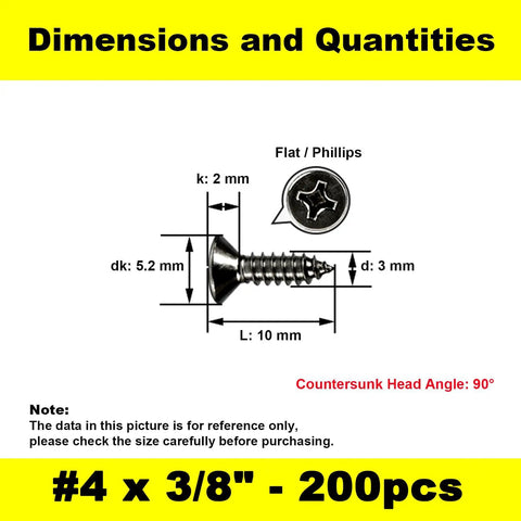 Dimensions of Black Oxidized Carbon Steel 4 X 3/8 Inch Flat Head Self-Tapping Wood Screws, 200 Piece Pack with sizes labeled.