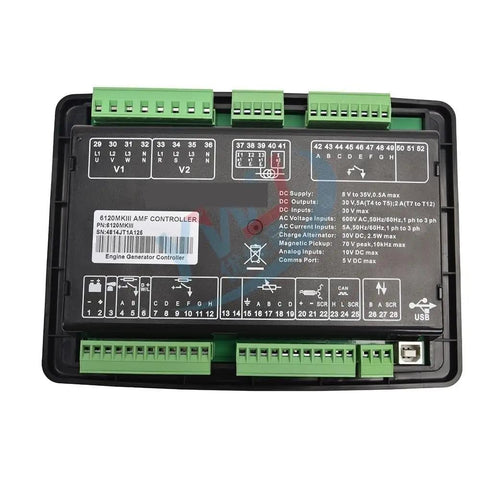 6120 Series Generator Controller Panel For Genset MKII MKIII, Real Time Voltage And Frequency Monitoring, Oil Pressure And Temperature, Fault Alarm And Shutdown Protection, Auto Start Stop On Mains, Durable Diesel And Gas Engine Controller Parts, black plastic panel