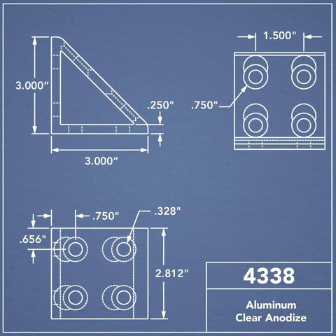 Technical drawing of 8 Hole Aluminum Inside Corner Gusset L Bracket For 80/20 Extrusion Systems with dimensions and clear anodize finish.