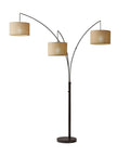 Arc Floor Lamp With Three Movable Beige Burlap Shades And Dimmable Brightness, Antique Bronze Finish against white background