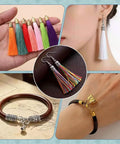 Check Out These 125 Pcs Tibetan Alloy Cord End Caps In 10 Cool Styles With Antique Silver And Golden Tones Perfect For Your Next DIY Jewelry Kit To Fix Necklace Bracelet Tips. Tassel end caps shown on earrings, bracelet, and cord charms