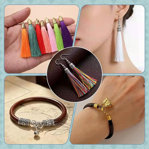 Check Out These 125 Pcs Tibetan Alloy Cord End Caps In 10 Cool Styles With Antique Silver And Golden Tones Perfect For Your Next DIY Jewelry Kit To Fix Necklace Bracelet Tips. Tassel end caps shown on earrings, bracelet, and cord charms