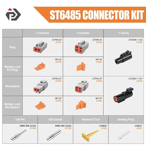 Deutsch DTP And DTHD Connector Kit With 2 Pin DTP 4 Pin DTP 1 Pin DTHD Size 12 Solid Contacts displayed in rows and columns