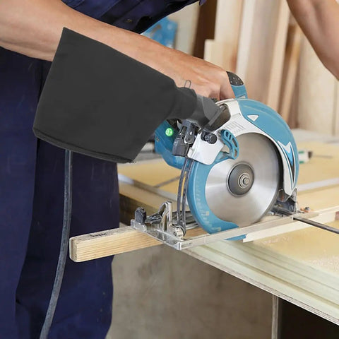 Rugged Heavy Duty Black Miter Saw Dust Collection Hood Pair With Zippered Table Saw Bag Polyester Dust Control Setup That Keeps Your Shop Spotless Today mounted on a circular saw.