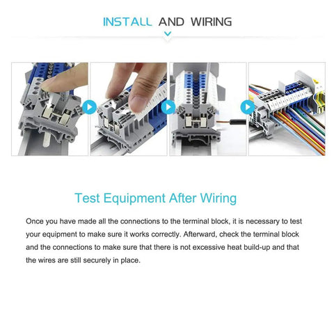 Din Rail Terminal Blocks Kit With UK2.5B Blocks 12 AWG Gauge 20A 600V Rating Includes Ground Blocks Jumpers End Brackets End Covers Marker Strips And 8 Inch Aluminum Rail For Fast Pro Grade Wiring. testing wiring steps on DIN rail terminal blocks