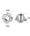 Stainless steel four-jaw T-nut, 1/4-20 thread, shown in front and side views; 3/4in wide, 3/8in tall.