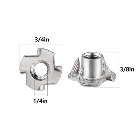 Stainless steel four-jaw T-nut, 1/4-20 thread, shown in front and side views; 3/4in wide, 3/8in tall.