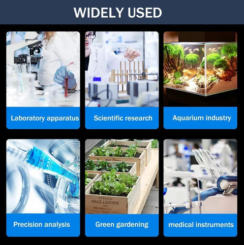 Widely used banner grid showing lab apparatus, scientific research, aquarium industry, gardening, medical instruments.