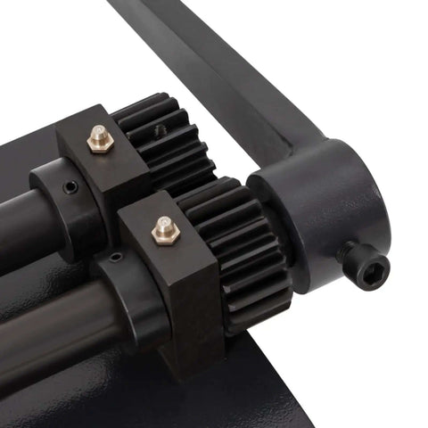 Close-up of gears and hand crank of Bead Roller For Sheet Metal Fabrication With Six Dies Carbon Steel Roller Tool.