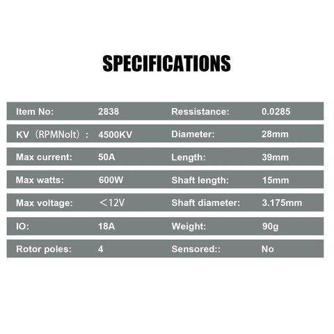 Specifications for Brushless 2838 4500KV Motor And 35A Waterproof ESC For 1/14 And 1/16 RC Cars Like Traxxas E-Revo Losi JRX2