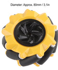 Front view of 80mm mecanum wheel with yellow outer ring and black center hub for omni-directional robot use