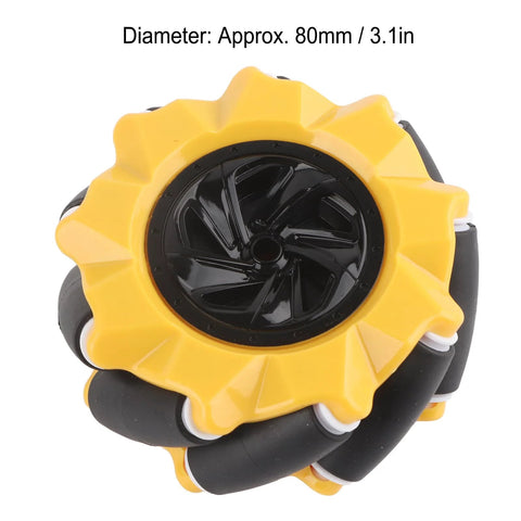 Front view of 80mm mecanum wheel with yellow outer ring and black center hub for omni-directional robot use