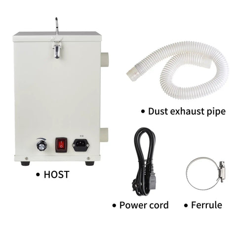 Heavy Duty 1000W Lab Dust Collector With A Badass Dual Impeller Design And Variable Suction Controls For Dental Labs And Workshops Yanking Metal Parts And Wood Chips Clean showing dust exhaust pipe and power cord.