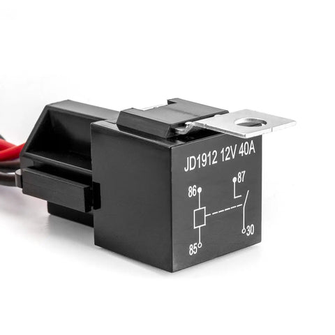 Close-up of 12V relay from Universal 12V Rock Lights Wiring Harness Kit With 16AWG Lead, Rocker Switch, Relay And Fuse For LED Light Bar