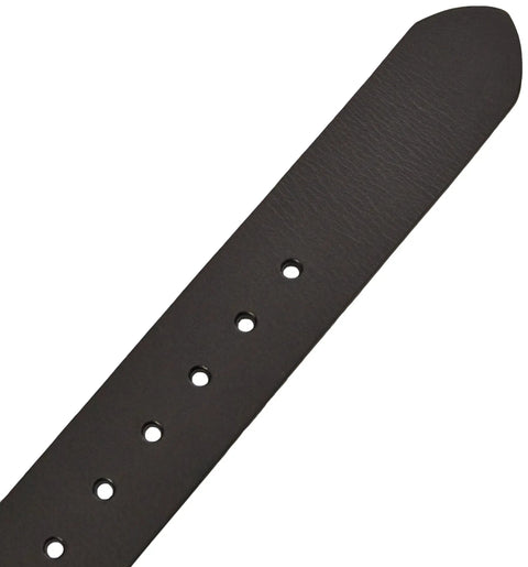 Close-up of Mens 1.5 Inch Bridle Leather Work Belt Black With Brushed Silver Buckle Size 38 Full Grain Leather Raw Edges U Shape Tip