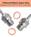 Two Platinum/Iridium Super Duty glow plugs with washers, for Six Pack Glow Plug No 4 Medium Hot For One Eighth And One Tenth Nitro RC Cars And Trucks Platinum Iridium Super Duty Element For Longer Lasting Performance Improves Idle And Transition Works With Five To Forty Percent Nitro Fuels.