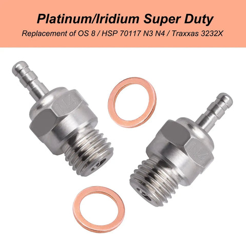 Two Platinum/Iridium Super Duty glow plugs with washers, for Six Pack Glow Plug No 4 Medium Hot For One Eighth And One Tenth Nitro RC Cars And Trucks Platinum Iridium Super Duty Element For Longer Lasting Performance Improves Idle And Transition Works With Five To Forty Percent Nitro Fuels.