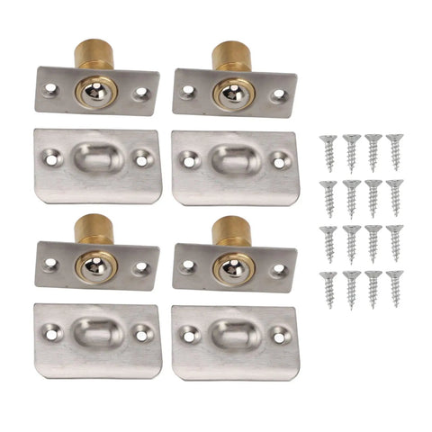 Adjustable Ball Catch Hardware For Cabinet Doors Solid Brass Latch Set shown with strike plates and screws.