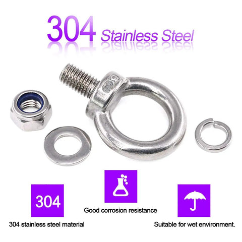 Heavy Duty 304 Stainless Steel M10 Eye Bolts Lifting Ring Kit With Four Eye Bolts And Six Lock Nuts Plus Lock Washers And Flat Washers For Marine And Industrial Lifting Projects No Nonsense, 304 stainless steel eye bolt with nut and washers