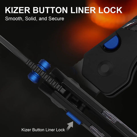Close-up of the Kizer button liner lock mechanism on Militaw 315 KwikSwap EDC Pocket Knife 3.1 Inch M390 With DLC Ultra Aluminum And FatCarbon Nebula Handle Compact Folding Knife With Thumb Stud And Liner Lock For Everyday Carry And Camping Ki3634.31BDA1.