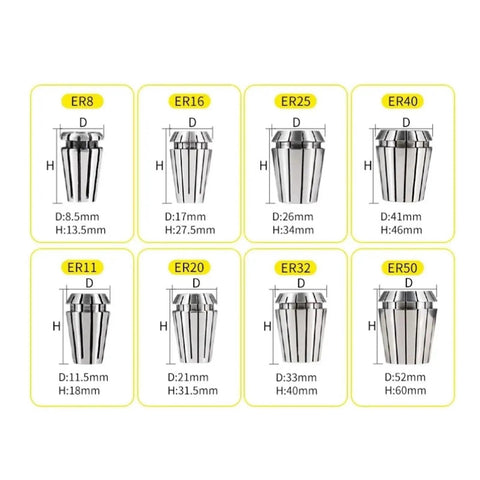 Premium One Piece Er High Precision Spring Collet For Engraving Machine Spindle dimensions chart showing sizes ER8 to ER50.