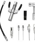 9 Piece Grease Gun Fittings Kit with 90 Degree Coupler Lock Clamp Nozzle Cleaner and needles on white background