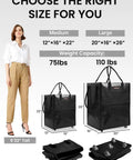 Comparison of Heavy Duty Rolling Grocery Tote On Wheels in two sizes, 12x16x22 inches and 20x16x26 inches, with a model for scale.