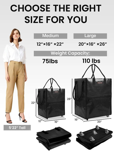 Comparison of Heavy Duty Rolling Grocery Tote On Wheels in two sizes, 12x16x22 inches and 20x16x26 inches, with a model for scale.