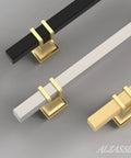 Three square cabinet handles in black, silver, and gold showing Ten Pack Gold Cabinet Pulls With Six And One Quarter Inch Hole Centers